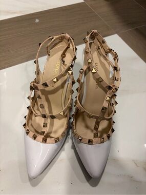 Pointed Patent Pumps with Studded Nude Straps - White